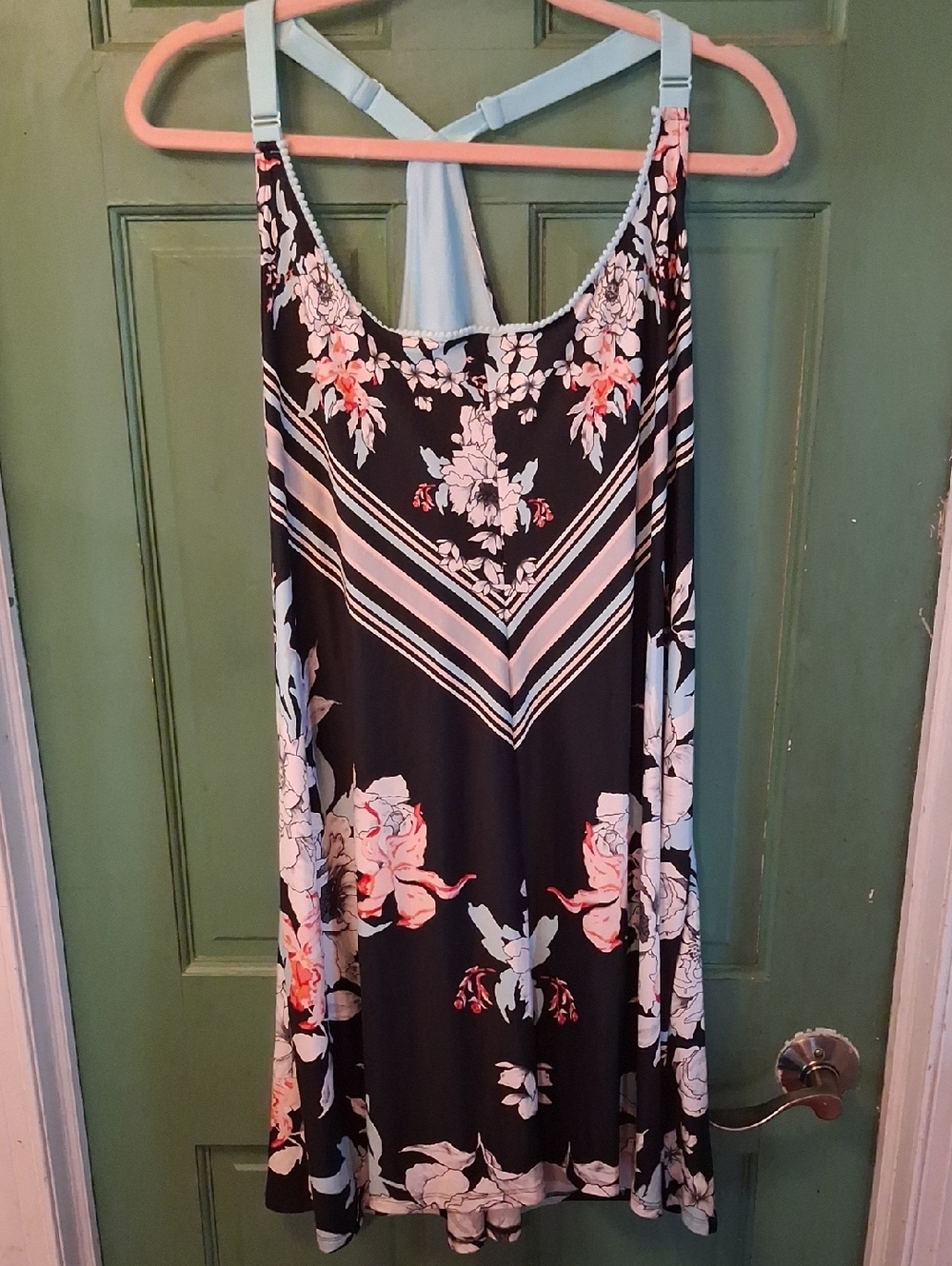 Linea Donatella Black Floral Midi Dress with Light Blue and Pink Accents
